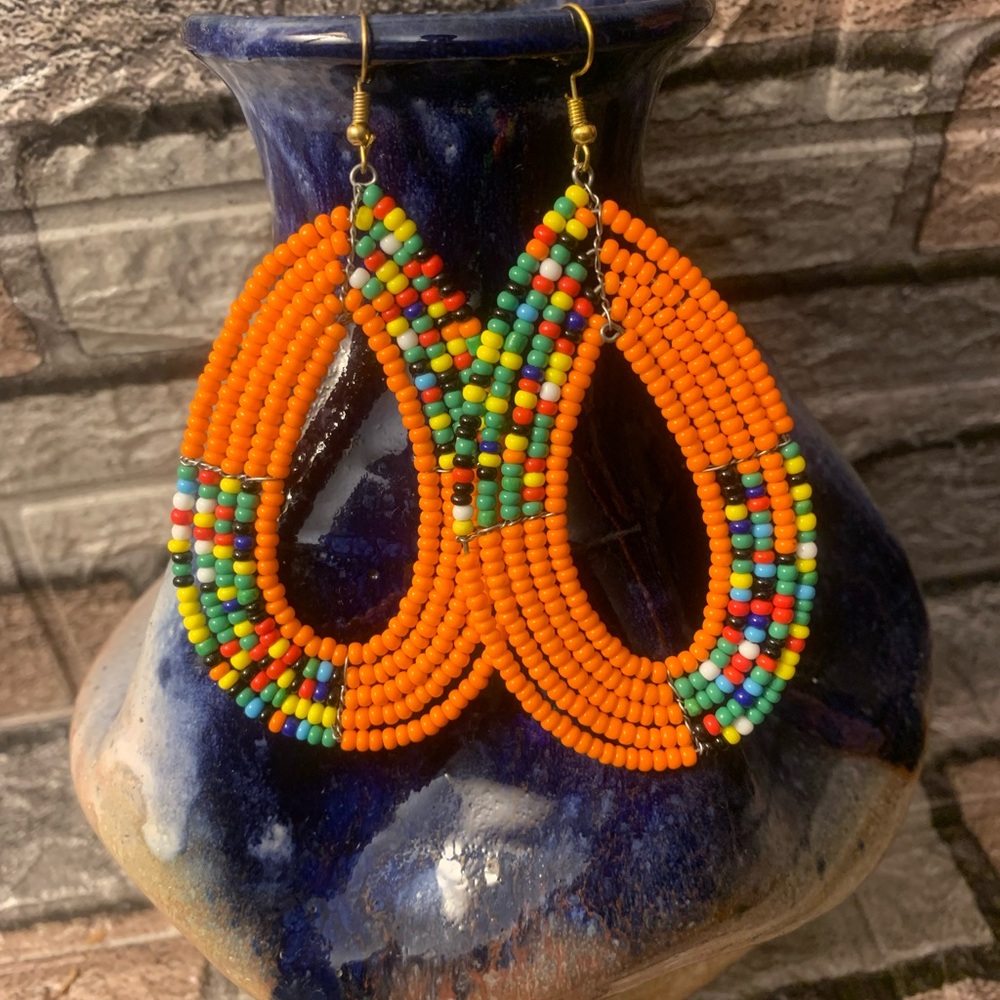Handmade Maasai Beaded Oval Dangle Earrings From Kenya